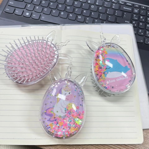 Egg Shaped Hair Brush Transparent Quicksand Glitter Air Cushion Detangling Comb Unicorn Design For Kids Women Plastic