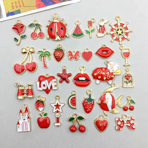 Red Enamel Alloy Charms Fruits Heart Animal Pendants For DIY Jewelry Making Accessories Earring Bracelet Necklace Craft