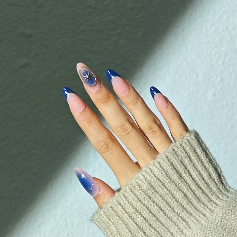 Starry Sky Press On Nails Blue Pink Gradient Short Almond Fake Nails With 3D Gold Sun Moon Star Metal Charms Resin Shiny