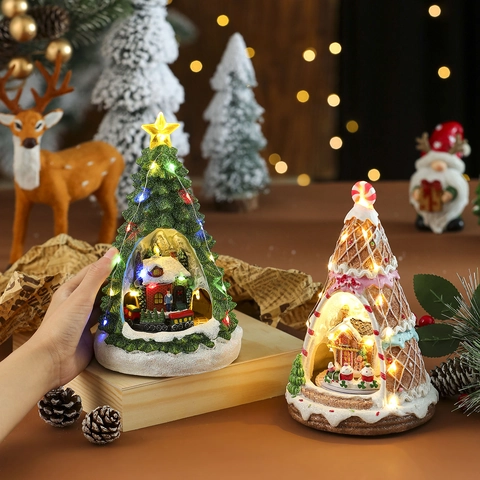 Christmas Tree Resin Music Box LED Glowing Miniature Scene Rotating Train Ornament Festive Desktop Decoration