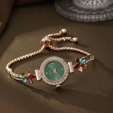 Women Bracelet Watch Rhinestone Flower Decor Alloy Quartz Round Dial Elegant Small Fashion Wristwatch