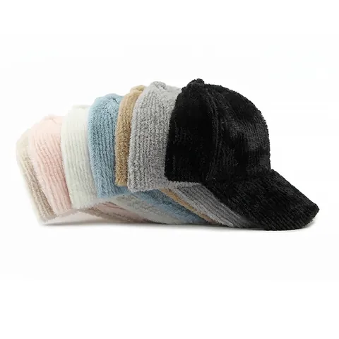 Plush Faux Fur Baseball Cap Warm Winter Adjustable Outdoor Soft Solid Color Ribbed Texture Hat For Women Men