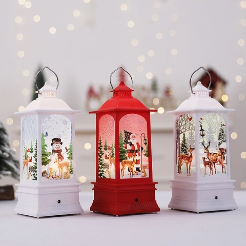 Linterna Musical De Navidad LED Retro Con Llama Artificial Decoración De Mesa Portátil Papá Noel Muñeco De Nieve Reno