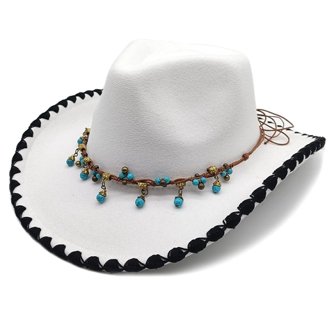 Western Cowboy Hat Cotton Polyester Felt Ethnic Turquoise Bead Metal Pendant Bohemian Wide Brim Retro Style Unisex