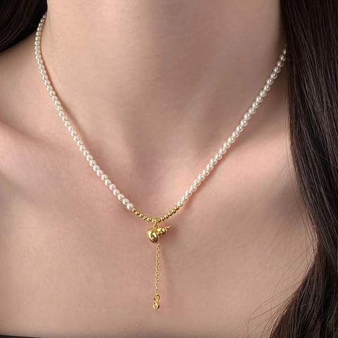 Elegant Imitation Artificial Pearl Necklace With Golden Gourd Pendant Zircon Tassel Clavicle Chain For Women New Chinese Style