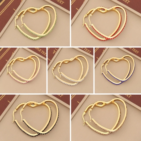 Boucles D'oreilles Créoles En Forme De Cœur Acier Inoxydable Entièrement Serties De Strass Grands Anneaux Pour Femmes