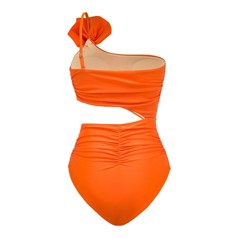 One Shoulder One Piece Swimsuit 3D Flower Cut Out Ruched High Elastic Nylon Beachwear And Tropical Print Sarong