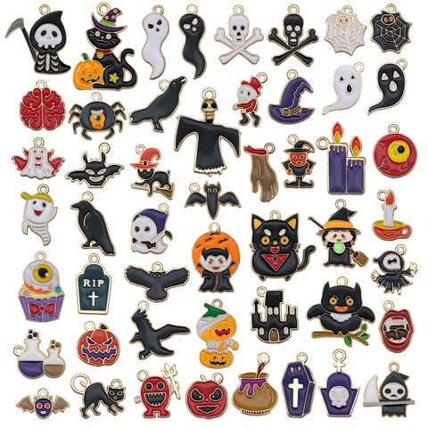 Dijes Halloween Esmalte Aleación De Zinc Colgantes Fantasma Calabaza Esqueleto Murciélago Bruja Para Joyería DIY