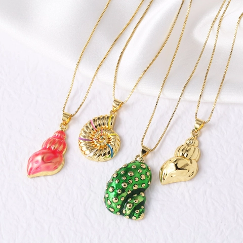 Conch Shell Pendant Necklace Copper 18K Gold Plated Enamel Sea Snail Marine Theme Minimalist Fashion Jewelry For Women