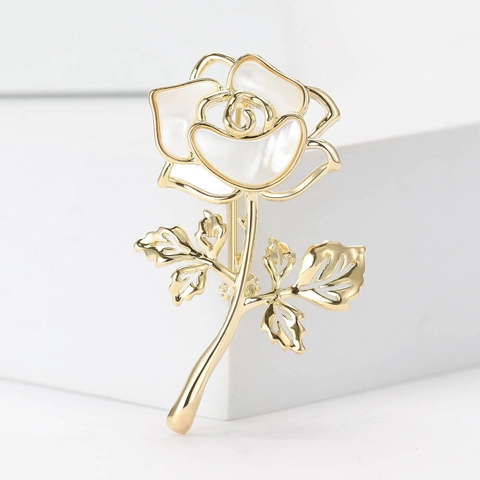 Elegante Broche de Flor de Rosa de Cobre Color Dorado Con Incrustación de Nácar Blanco Alfiler de Solapa para Traje de Mujer Joyería