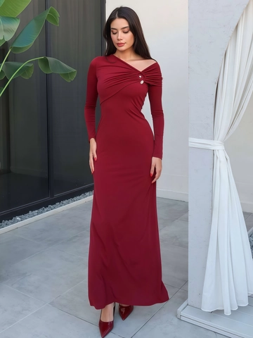 Abito Lungo Aderente Da Donna Con Scollo Obliquo E Spalle Scoperte Arricciato Maniche Lunghe Serata Elegante Con Bottoni
