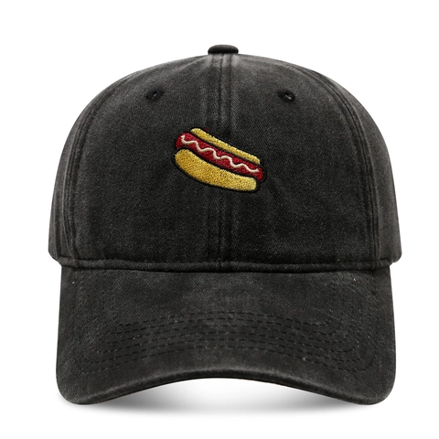 Hot Dog Embroidery Baseball Cap Washed Cotton Distressed Retro Style Adjustable Sun Hat Unisex