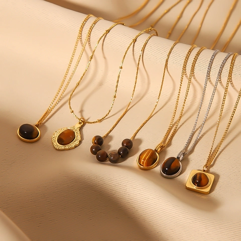 French Vintage Stainless Steel 18K Gold Plated Necklace Natural Tiger Eye Stone Geometric Pendant For Women
