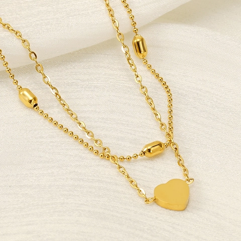 Double Layer Heart Bracelet Anklet 18K Gold Plated Stainless Steel Beaded Chain Fashion Jewelry For Women Elegant