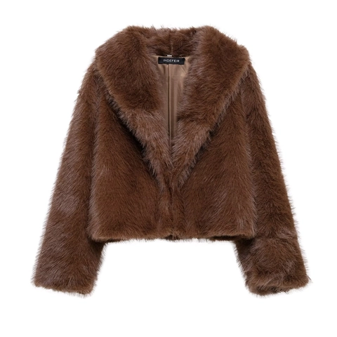 Abrigo Corto de Piel Sintética a la Moda para Mujer Solapa Informal Manga Larga Chaqueta de Invierno Cálida Ropa de Abrigo de Retazos Streetwear