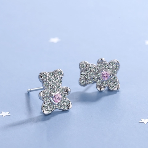 Cute Bear Stud Earrings With Silver Earring Post Copper Pink Heart Zircon Pave Rhinestone Animal Jewelry For Women