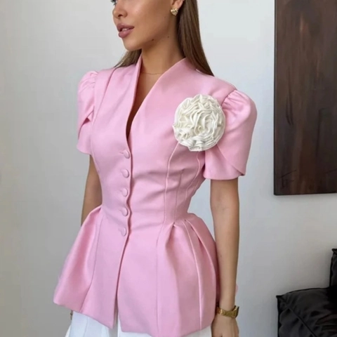 Women Elegant V Neck Blouse Short Bubble Sleeves 3D Flower Decoration Peplum Waist Button Up Polyester Sweet Top