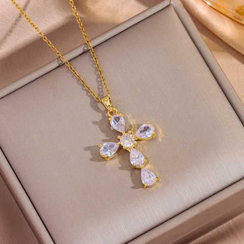 Collana Con Pendente A Croce Placcata Oro 18K Rame Zircone Catena In Acciaio Inossidabile Gioielli Di Lusso Donna