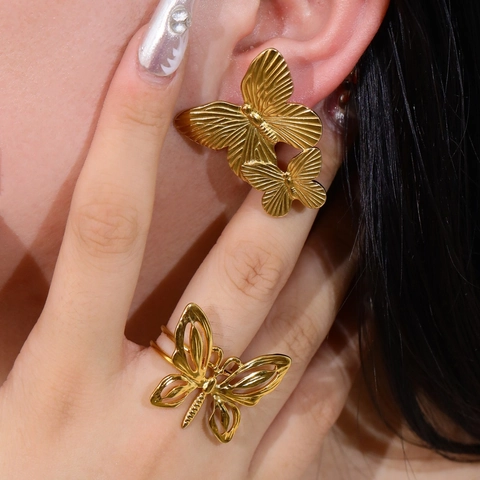 French Vintage Gold Titanium Steel Butterfly Jewelry Set Minimalist Earrings Ring For Women Wedding Party Elegant Jewelry