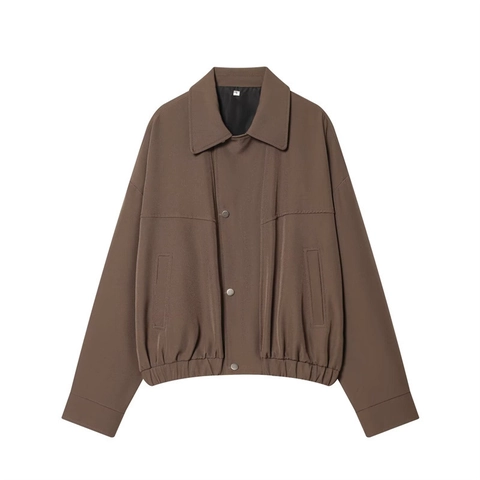 Women Casual Brown Long Sleeve Lapel Bomber Jacket And High Waist Pleated Trousers Woven Polyester Streetwear Outfit