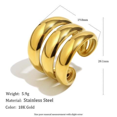 Multi Layer Curved Wide Band Open Ring 18K Gold Plated Stainless Steel Minimalist Geometric Fashion Jewelry For Women