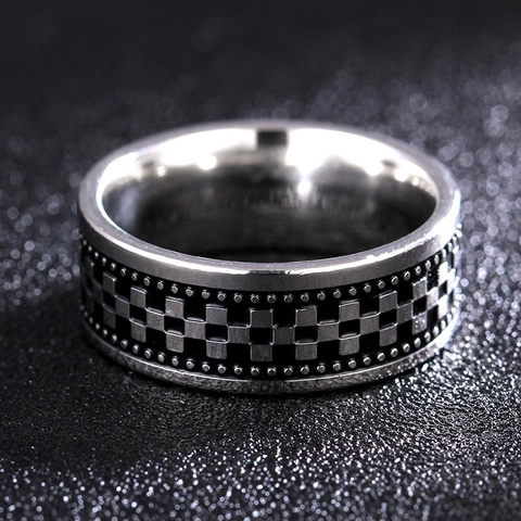Retro Punk Men Band Ring 316 Stainless Steel Checkerboard Pattern Black And Silver Beaded Edge Fashion Jewelry