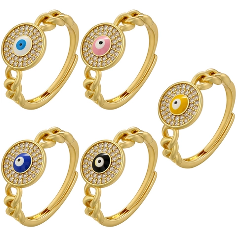 Trendy Copper 18K Gold Plated Evil Eye Open Ring For Women Adjustable Rhinestone Inlaid Braided Chain Band Finger Ring Jewelry