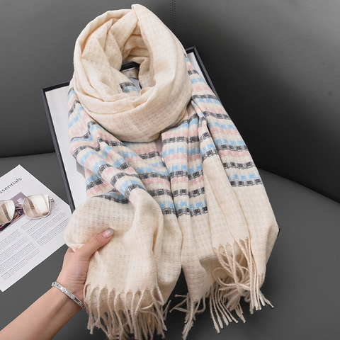 Imitation Cashmere Scarf Plaid Striped Warm Winter Shawl Tassel Long Wrap For Women