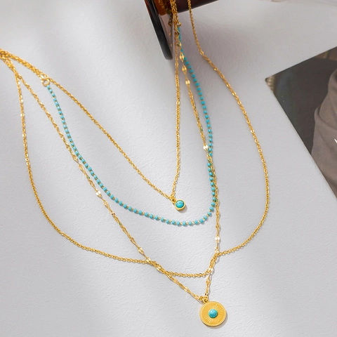 Collana A Strati Boemia Con Ciondolo A Medaglione Rotondo E Perline Di Turchese Gioielli In Acciaio Al Titanio Donna