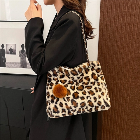 Leopard Print Artificial Fur Tote Bag Large Capacity With Metal Chain Strap And Fur Ball Charm Women Chic Daily Autumn Winter