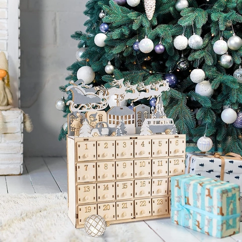 Wooden Christmas Advent Calendar Multiple Drawers Countdown Ornament Santa Claus Sleigh Reindeer LED Light Up Home Decor