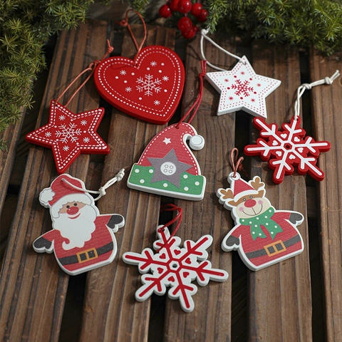 Ornamenti Appesi Di Natale In Legno Dipinto Babbo Natale Renna Fiocco Di Neve Stella Cuore Decorazioni Per Albero Festa