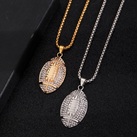 Trendy Alloy American Football Pendant Necklace Rhinestone Inlaid Hip Hop Gold Silver Plated Jewelry For Men Women Daily Party