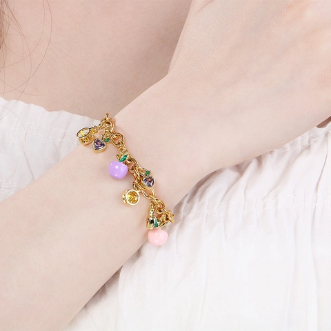 Bracciale Con Ciondoli Frutta Acciaio Inossidabile Placcato Oro Smalto Fragola Ciliegia Mela Zircone Gioielli Estivi Donna