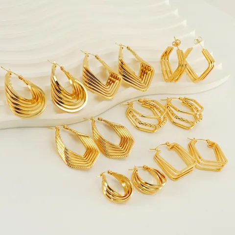 Geometric Hoop Earrings Stainless Steel 18K Gold Plated Multi Layer Twisted Lines Irregular Retro Fashion Women Jewelry