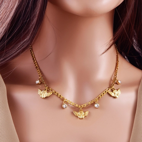 Edelstahl Engel Anhänger Halskette Für Damen Vergoldet Strass Schlüsselbein Kette Mode Schmuck Kreative Geschenk Accessoire