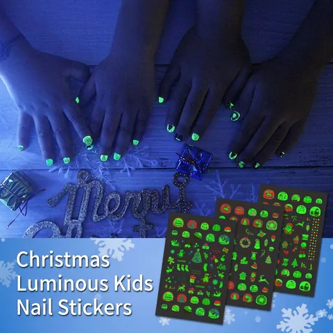 Christmas Kids Nail Stickers Luminous Glow In The Dark Waterproof Self Adhesive Cartoon Santa Reindeer Snowflake Decals