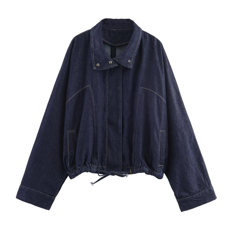 Vintage Denim Jacket And Pants Women Solid Color Cotton Cropped Drawstring Hem Jacket Straight Leg Trousers