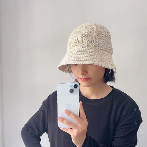 Women Cotton Crochet Bucket Hat Handmade Bow Summer Sun Protection Fisherman Hat Casual Solid Cream