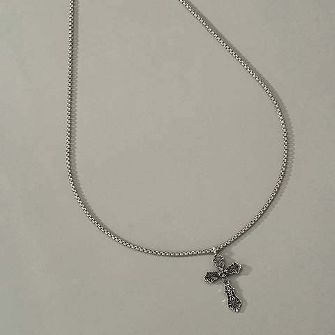 Collier Pendentif Croix Rétro Alliage Argent Antique Motif Gravé Chaîne De Boîte Style Hip Hop Vintage Bijoux Pour Hommes