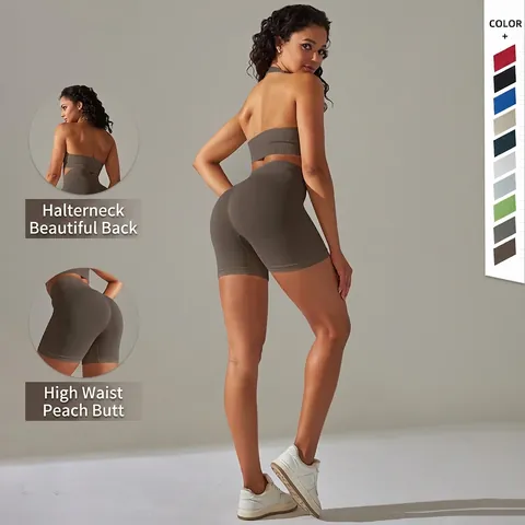 Women Workout Ribbed Nylon Spandex Gym Yoga Outfits Halter Backless Bra And High Waist Butt Lifting Shorts