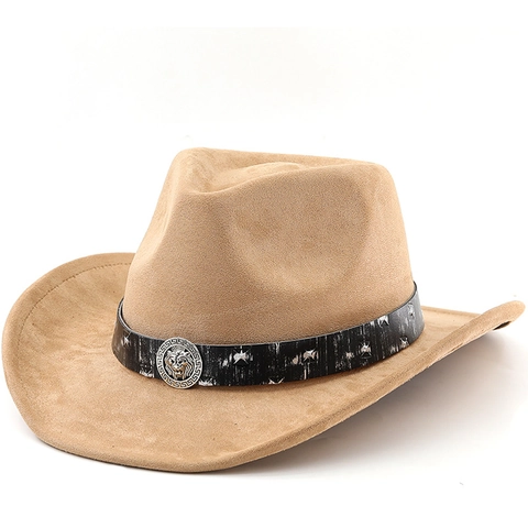 Western Cowboy Hat Retro Faux Suede Wide Brim Lion Head Buckle Rivets Jazz Fedora Sun Protection Men Women