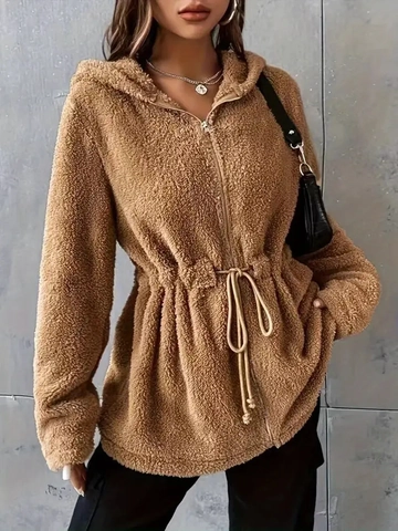Dames Teddy Fleece Hoodie Jas Pluizige Sherpa Rits Jas Met Taillekoord Casual Warme Bovenkleding Voor Herfst Winter