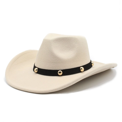 Western Cowboy Hat Wide Brim Felt Fedora With Golden Rivets Decorative Band Jazz Style Panama