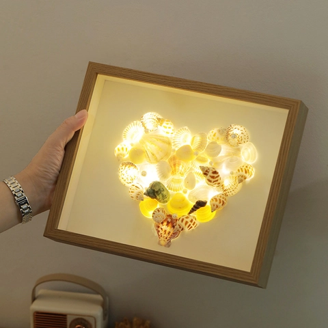 DIY Handmade Seashell Shadow Box Picture Frame Night Light Wood MDF Creative Art Desktop Home Decor Birthday Gift