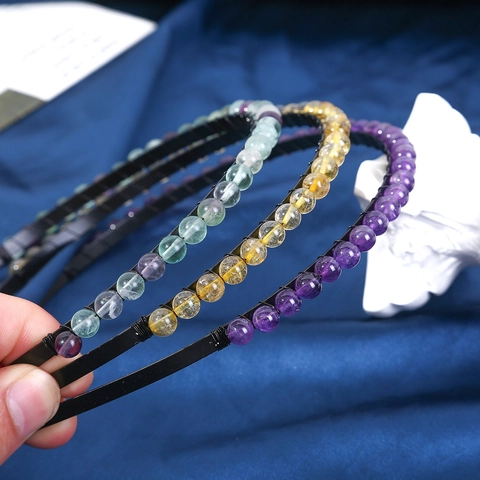 Women Handmade Natural Crystal Beads Black Metal Wire Headband Simple Fashion Hair Accessories Elegant Headpiece
