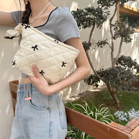 Quilted Cotton Cosmetic Bag Embroidered Bow Makeup Organizer Large Capacity Portable Travel Pouch Cream Ribbon Zipper