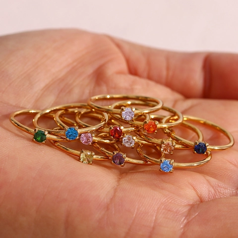 Minimalist Thin Band Ring Stainless Steel 18K Gold Plated Colorful Zircon Birthstone Stackable Jewelry For Women