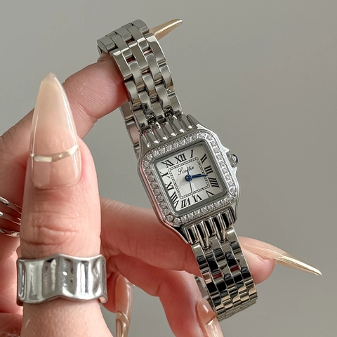 Montre À Quartz Carrée Pour Femme Lunette Sertie De Strass Chiffres Romains Bracelet En Acier Inoxydable Élégante