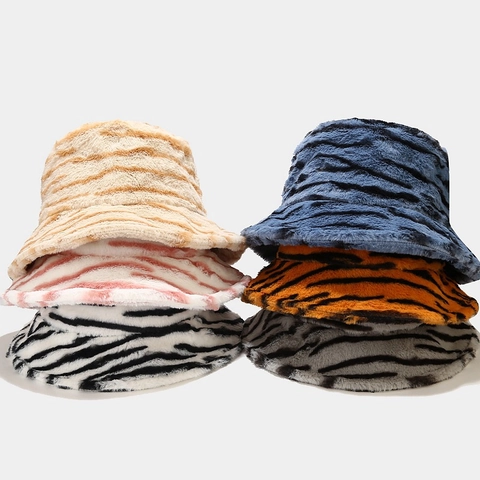 Cappello Da Pescatore In Pelliccia Sintetica Per Donna Caldo Peluche Stampa Animalier Righe Tigre Zebra Regolabile